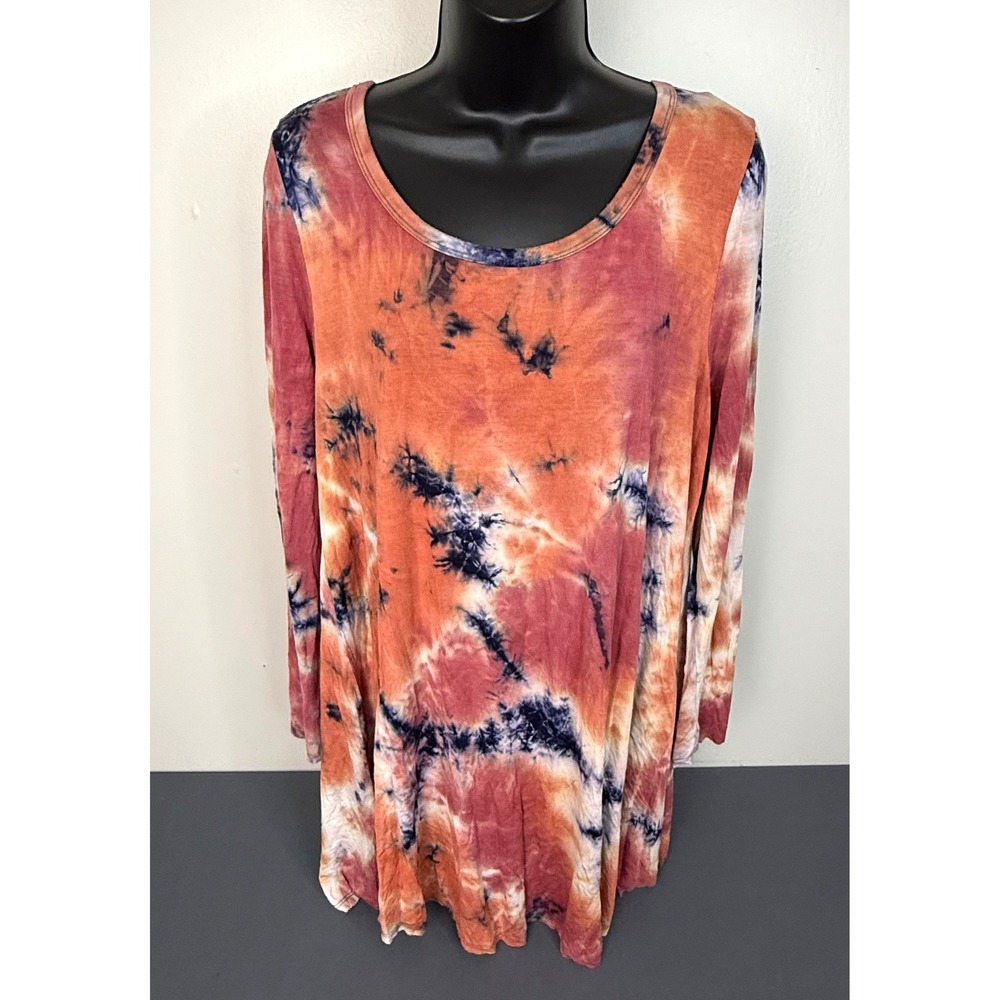Jodifl Women's Tie Dye Scoop Neck Long Sleeve Rayon Top Brown Size Large Hippie